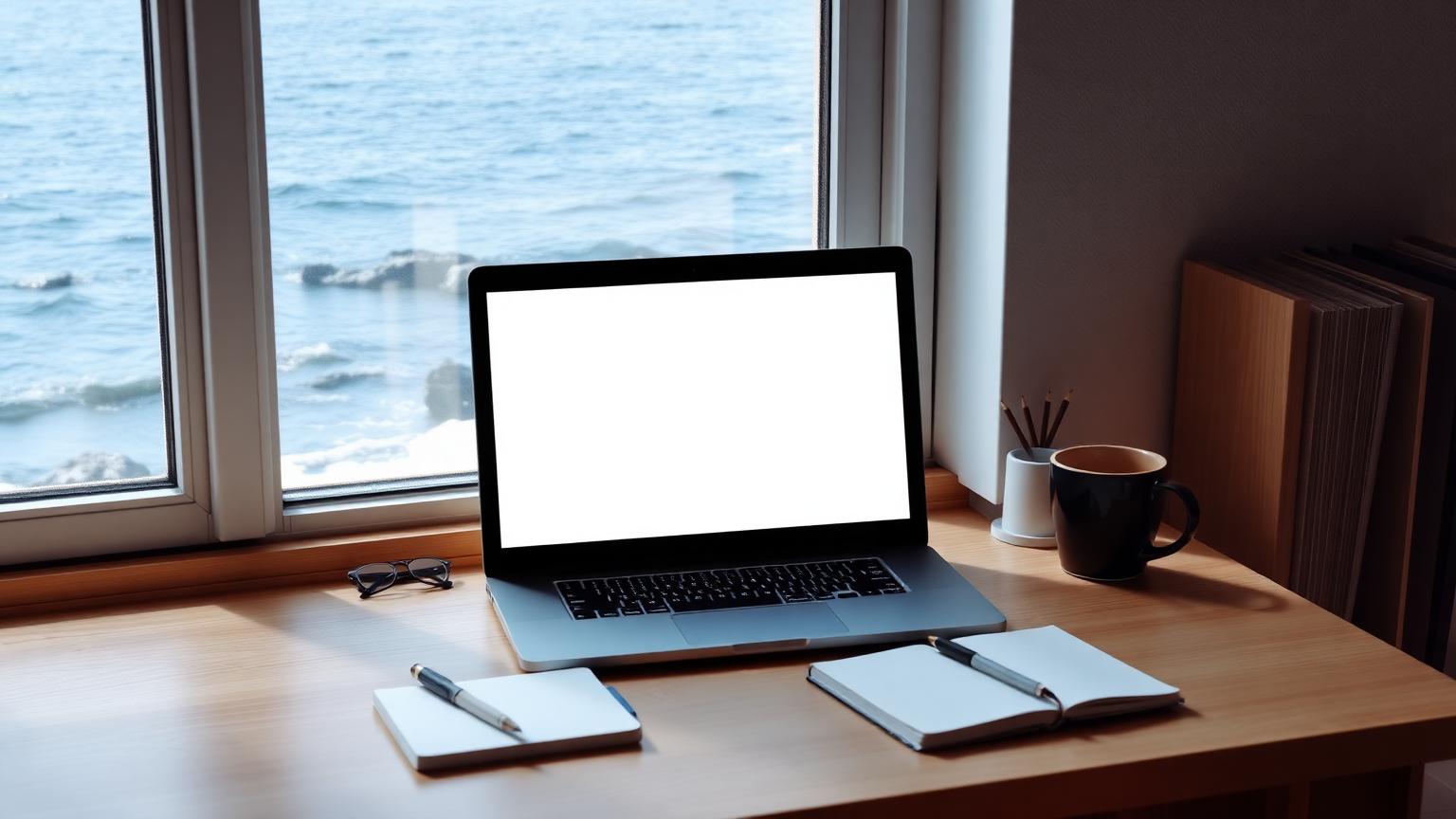 Open laptop on a desk with a coastal San Diego view near Point Loma