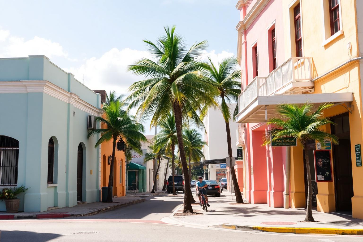 Pastel painted low buildings and palms along a Little Havana street in Miami at midday