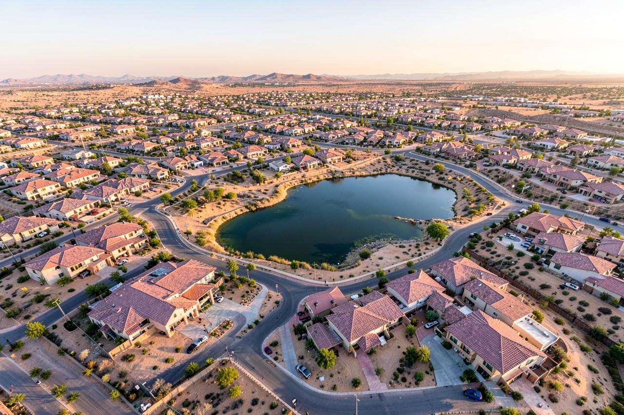 Aerial view of a large master-planned desert suburb with curving streets, tile roofs and a small lake at sunrise