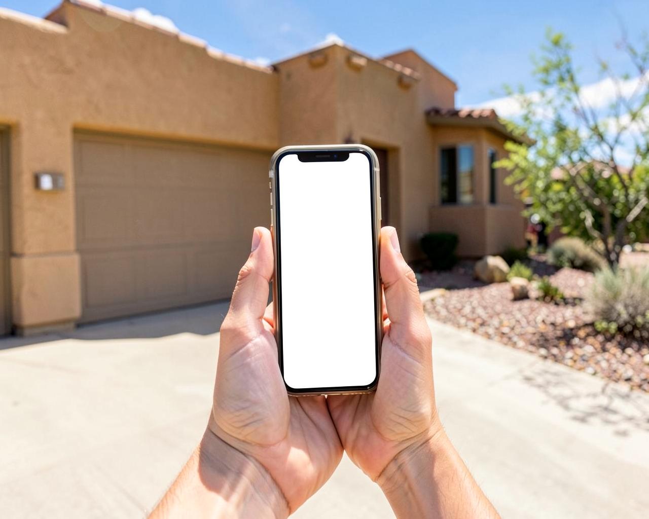 Hands holding a smartphone with a blank screen in the sunlit driveway of a stucco desert home