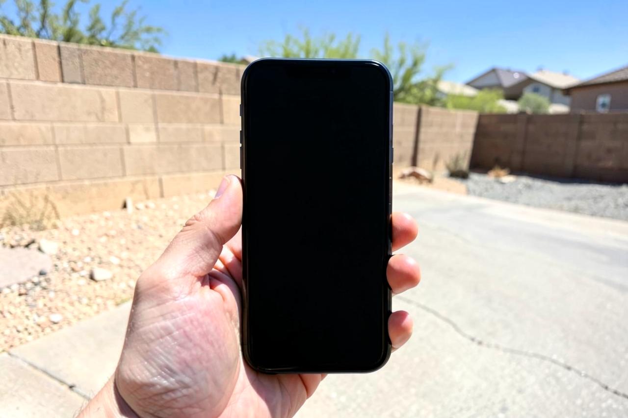 Hand holding a phone with a blank dark screen in front of a suburban desert driveway and block wall in bright sun
