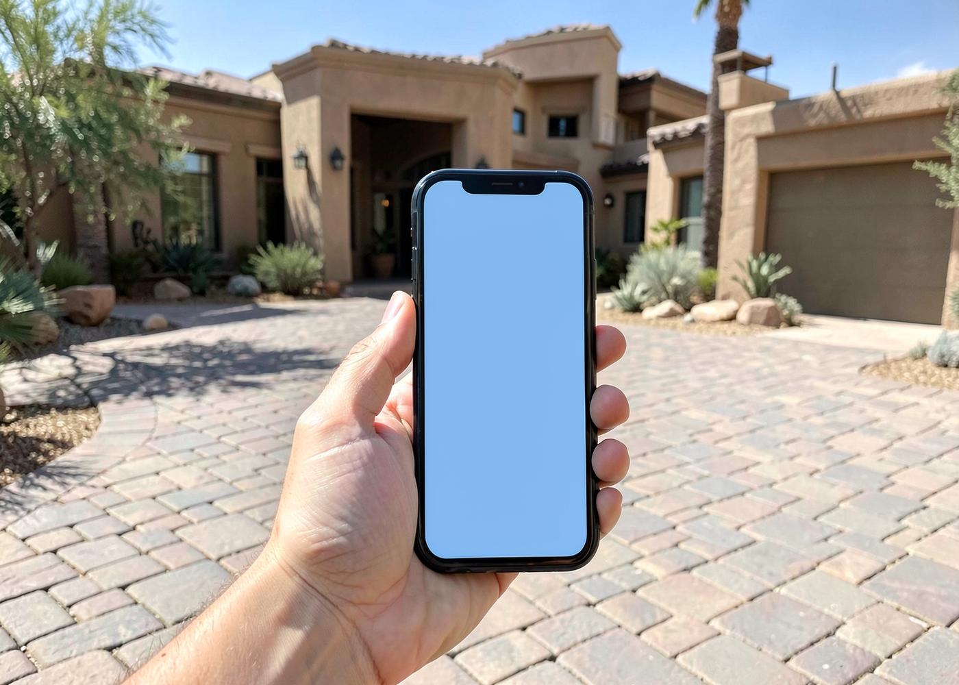 Hand holding a smartphone with a blank screen on the paver driveway of a desert home in bright sunlight