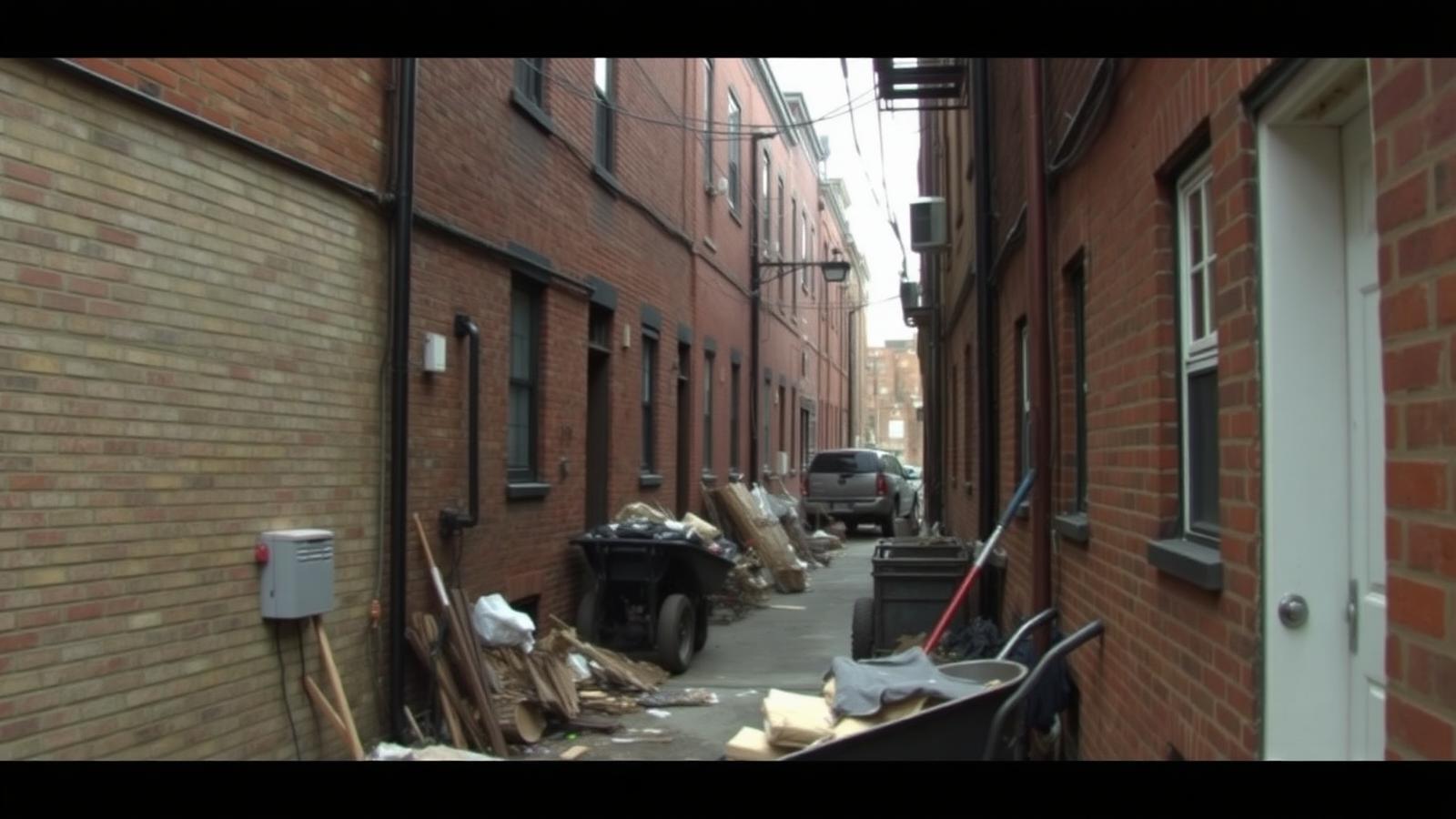 Crew working along a narrow Reading alley between brick rowhomes with shared party walls