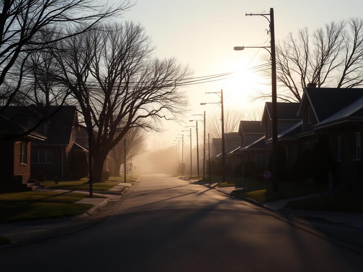 Quiet residential street in an older Springfield neighborhood in soft early morning light
