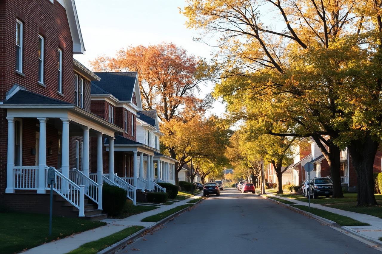 Tree-lined residential street in a growing Columbus suburb with newer homes