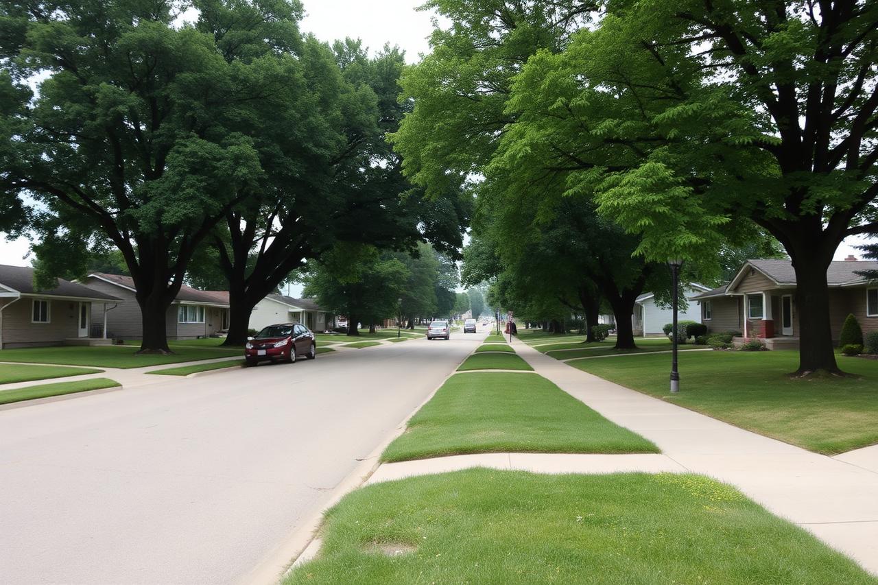Tree-lined residential street in a Champaign neighborhood near the university area