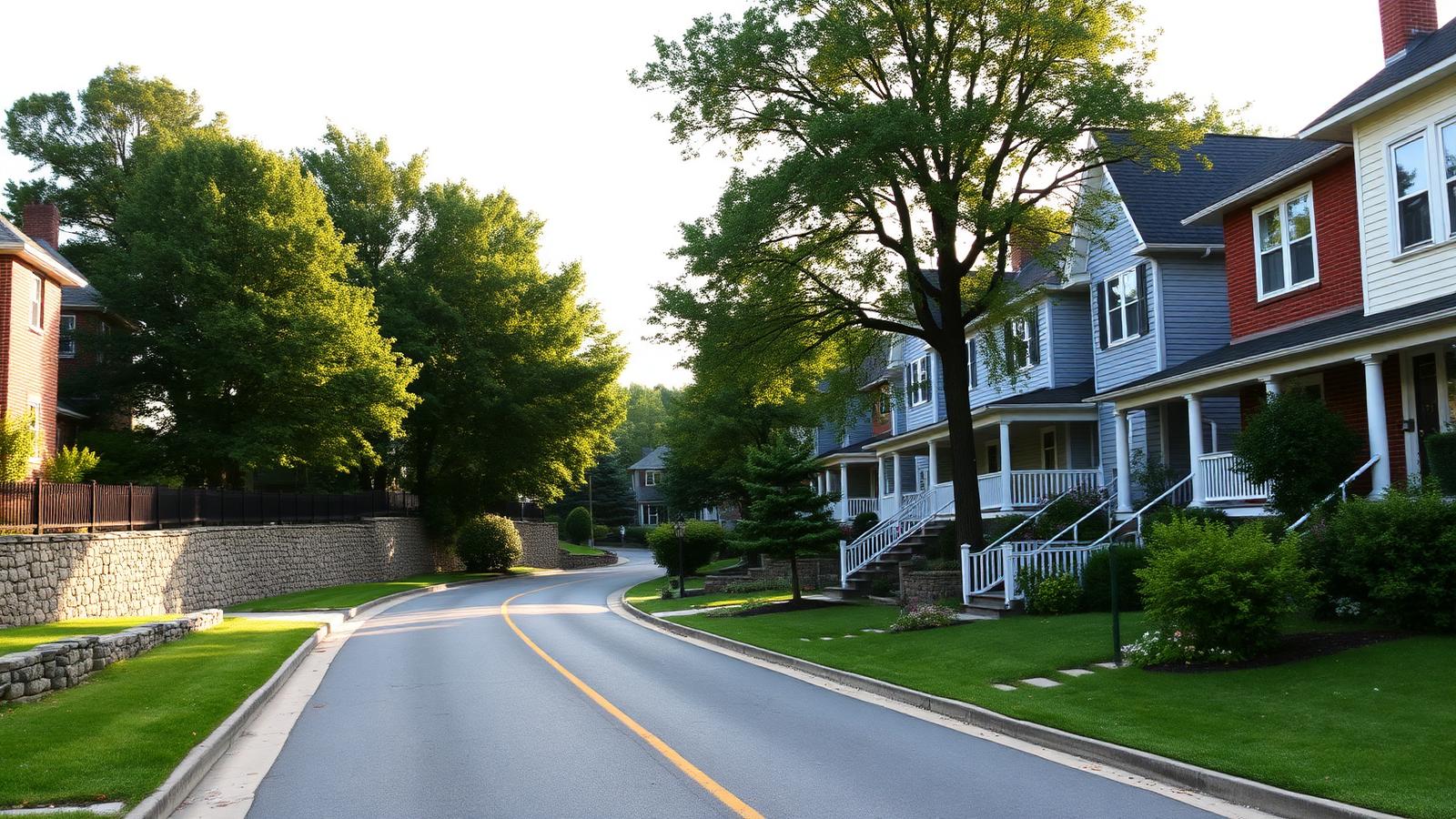 Row of narrow brick homes with tall windows and stone steps along a quiet sloping street