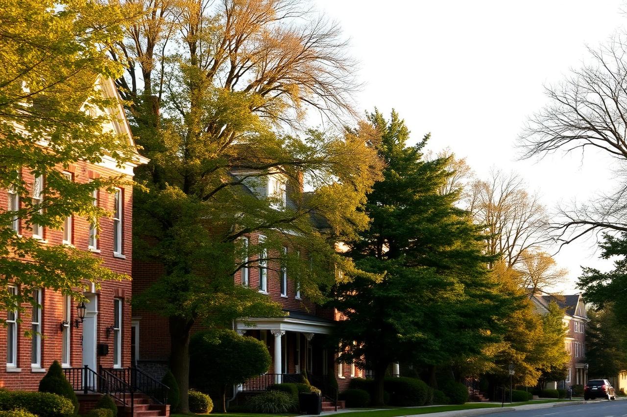 Residential street of 1920s brick homes with slate roofs under mature trees in late afternoon light