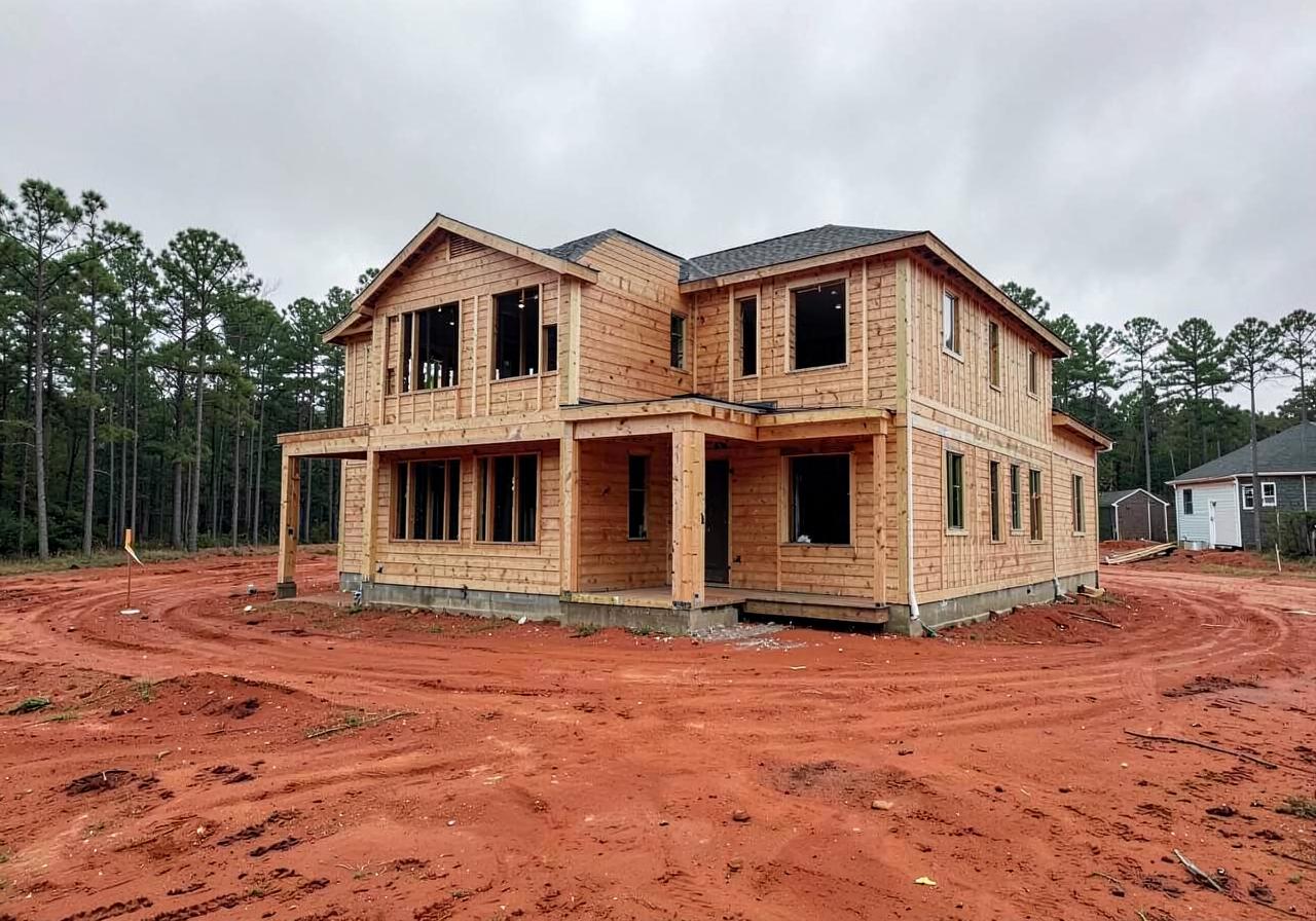 Newly framed two-story house under construction on a red clay lot with pines at the treeline