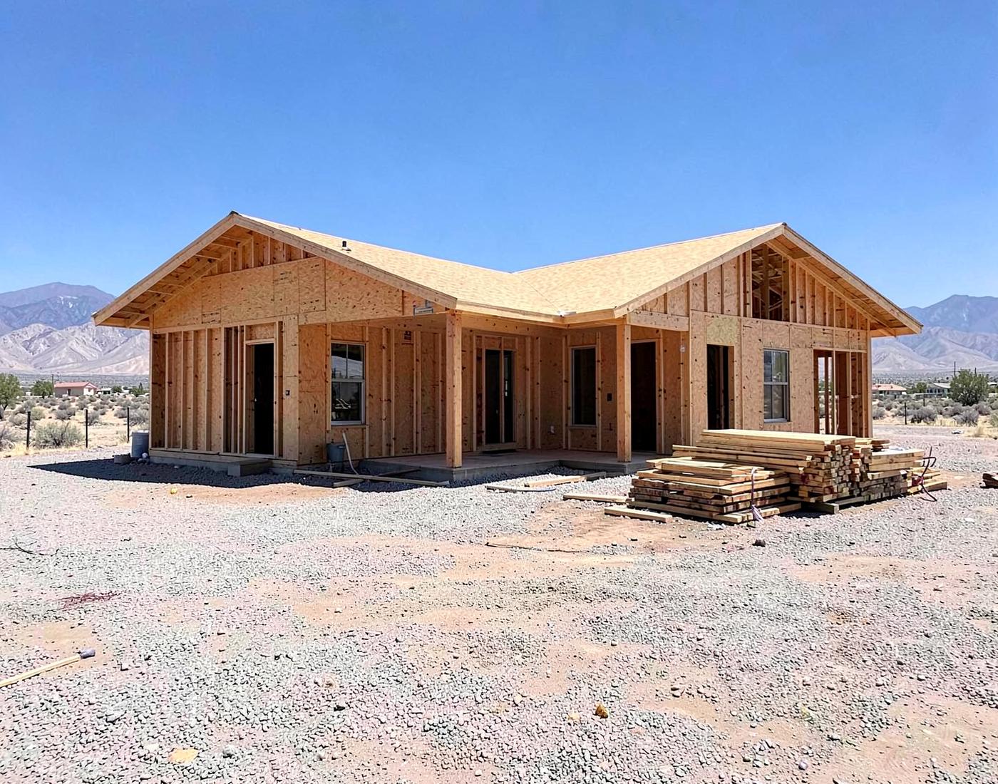 New single-story home under wood framing on a large desert lot with stacked lumber and dry mountains beyond