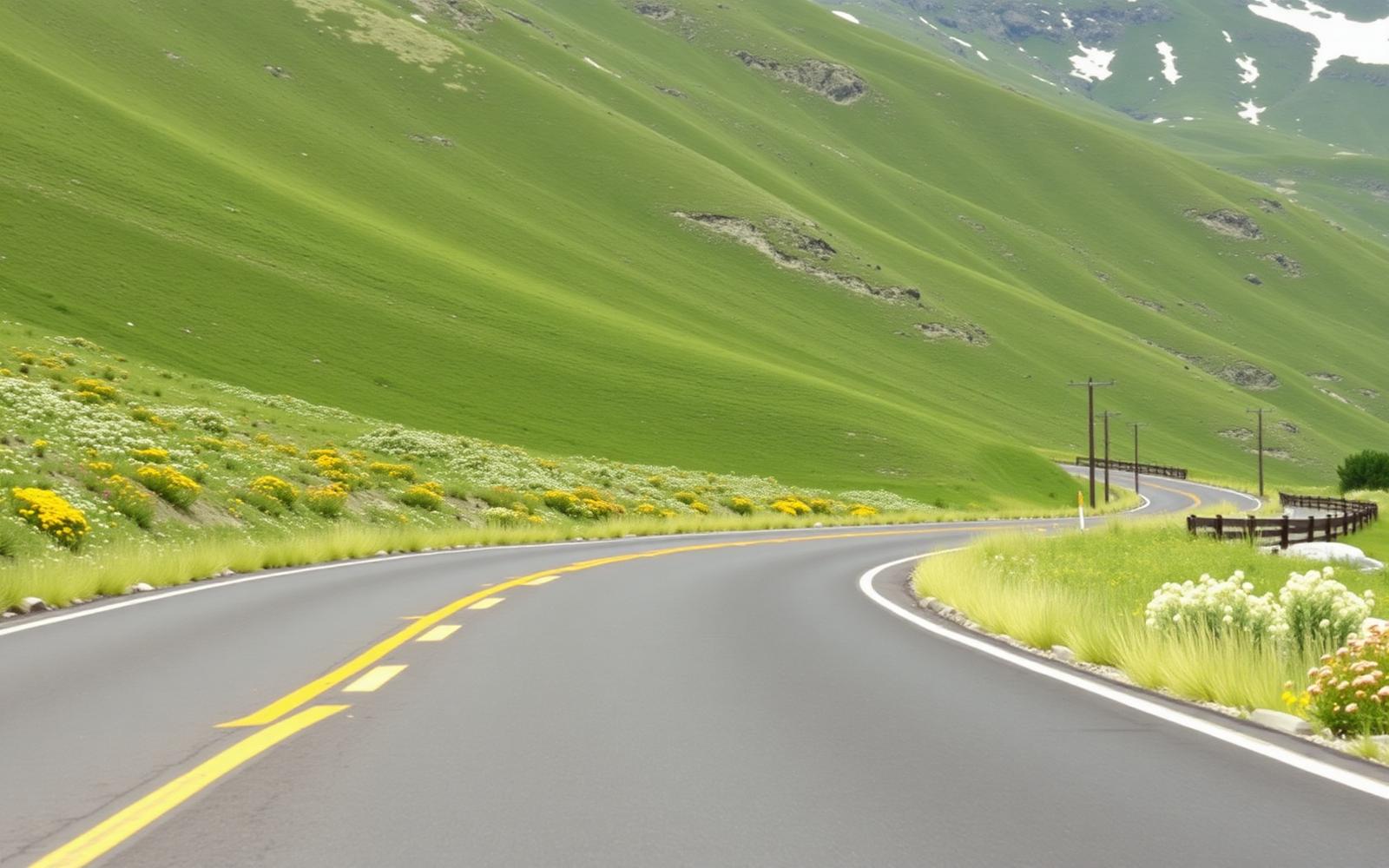 Empty two-lane road winding through a green mountain valley in late spring