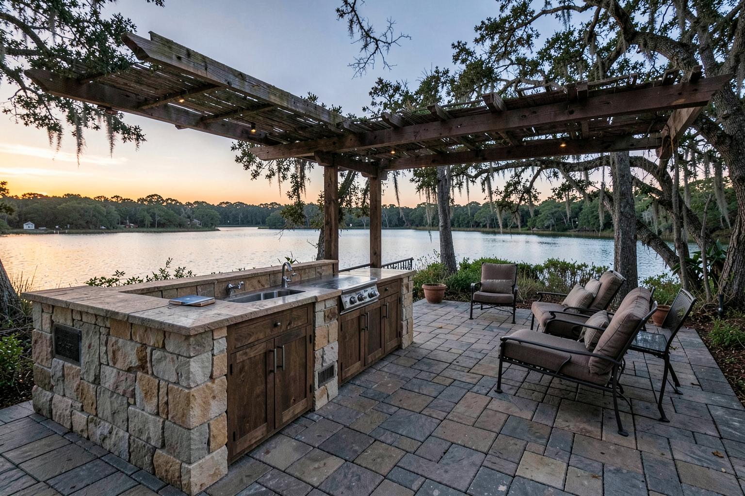 Stone outdoor kitchen and paver patio under a timber pergola overlooking a lagoon and live oaks at dusk