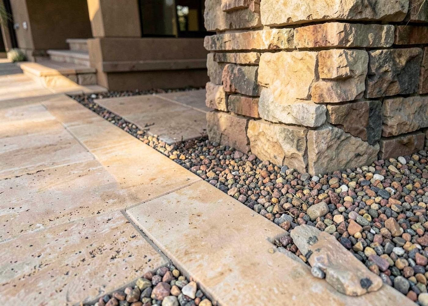 Close detail of a travertine paver walkway meeting crushed granite beside a stone-clad wall in raking light
