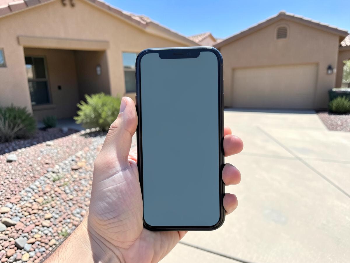 Hand holding a phone with a blank screen on a sunlit driveway in front of a stucco desert home