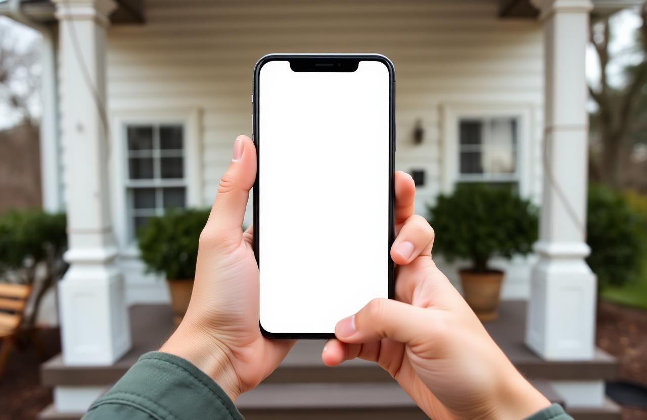 Two hands holding a phone with a blank white screen while standing on the front porch of an older house