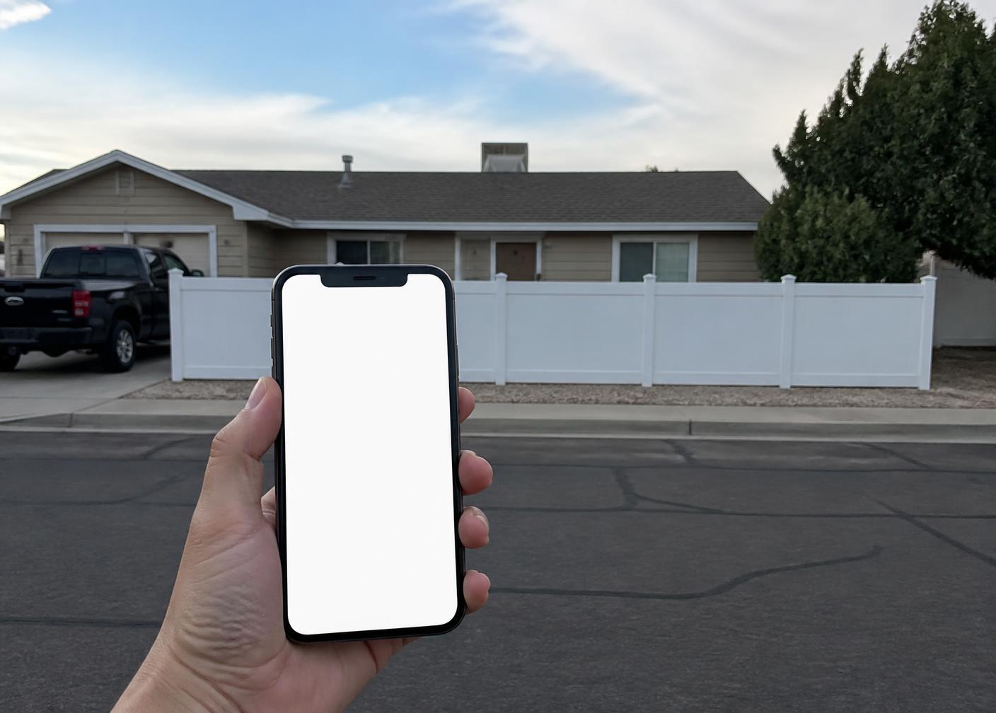 Hand holding a smartphone with a blank screen in front of a modest home with a new vinyl fence