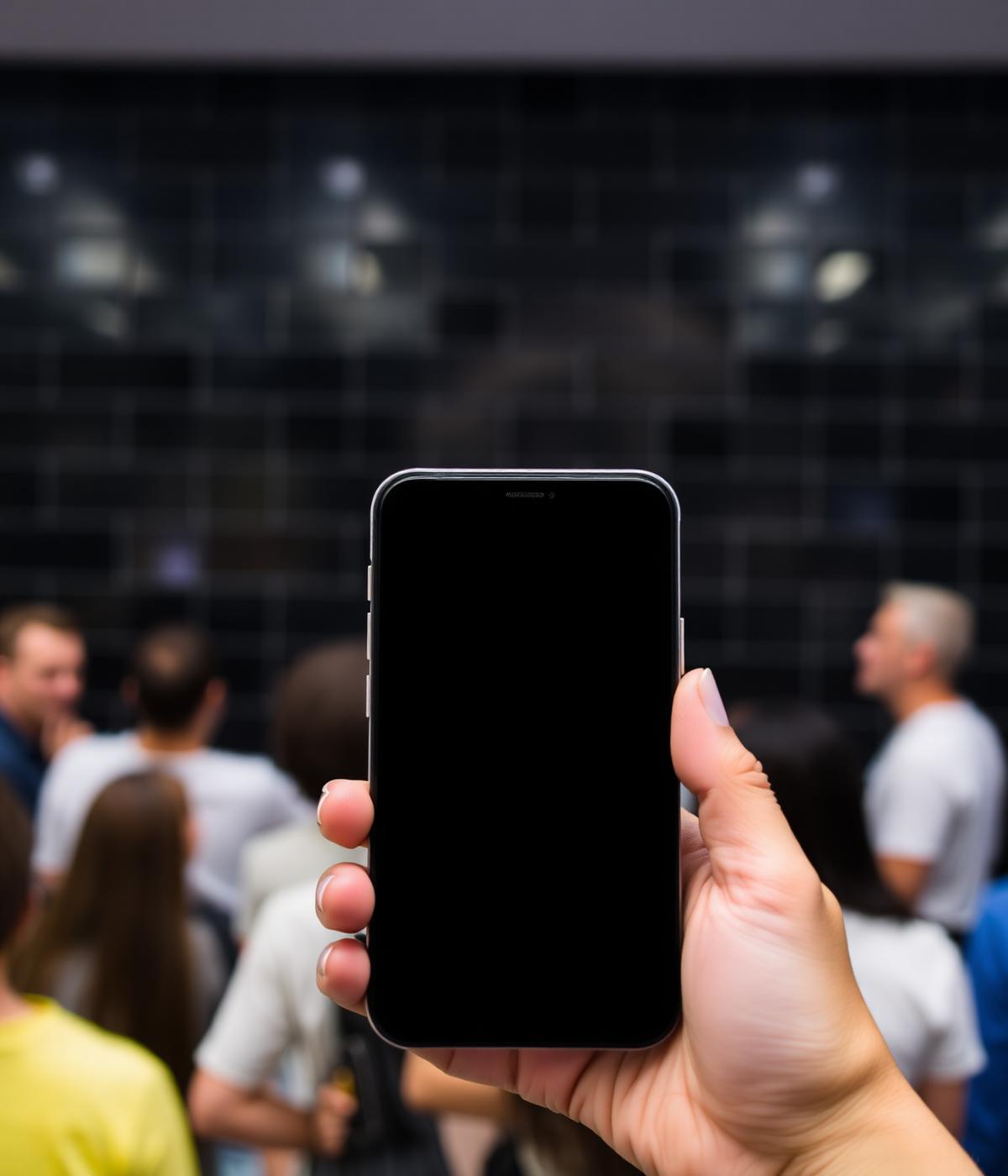 Hand holding a smartphone with a blank click-to-call screen inside a New York City subway stairwell