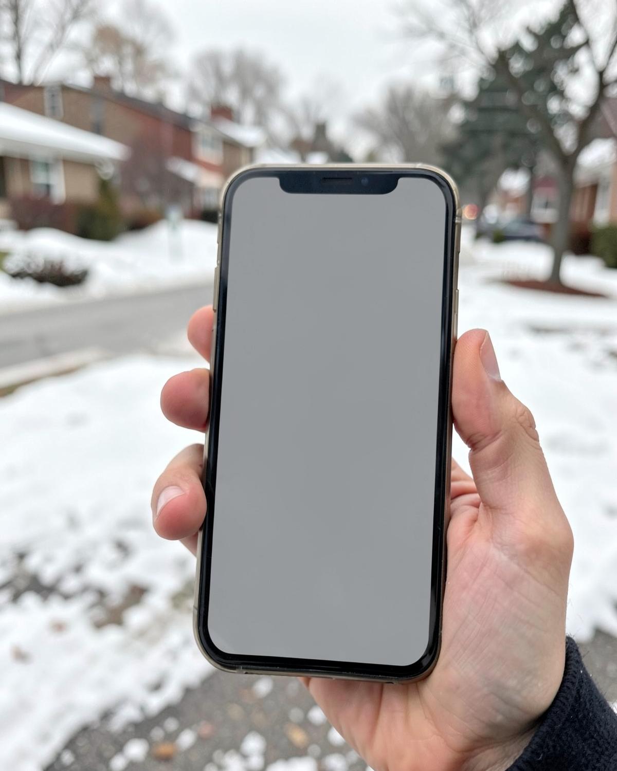 Hand holding a phone with a blank screen on a snowy residential street