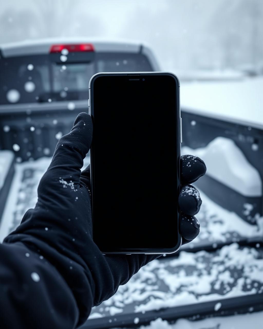 Gloved hand holding a smartphone with a blank emergency scheduling screen during lake-effect snowfall in a Buffalo driveway