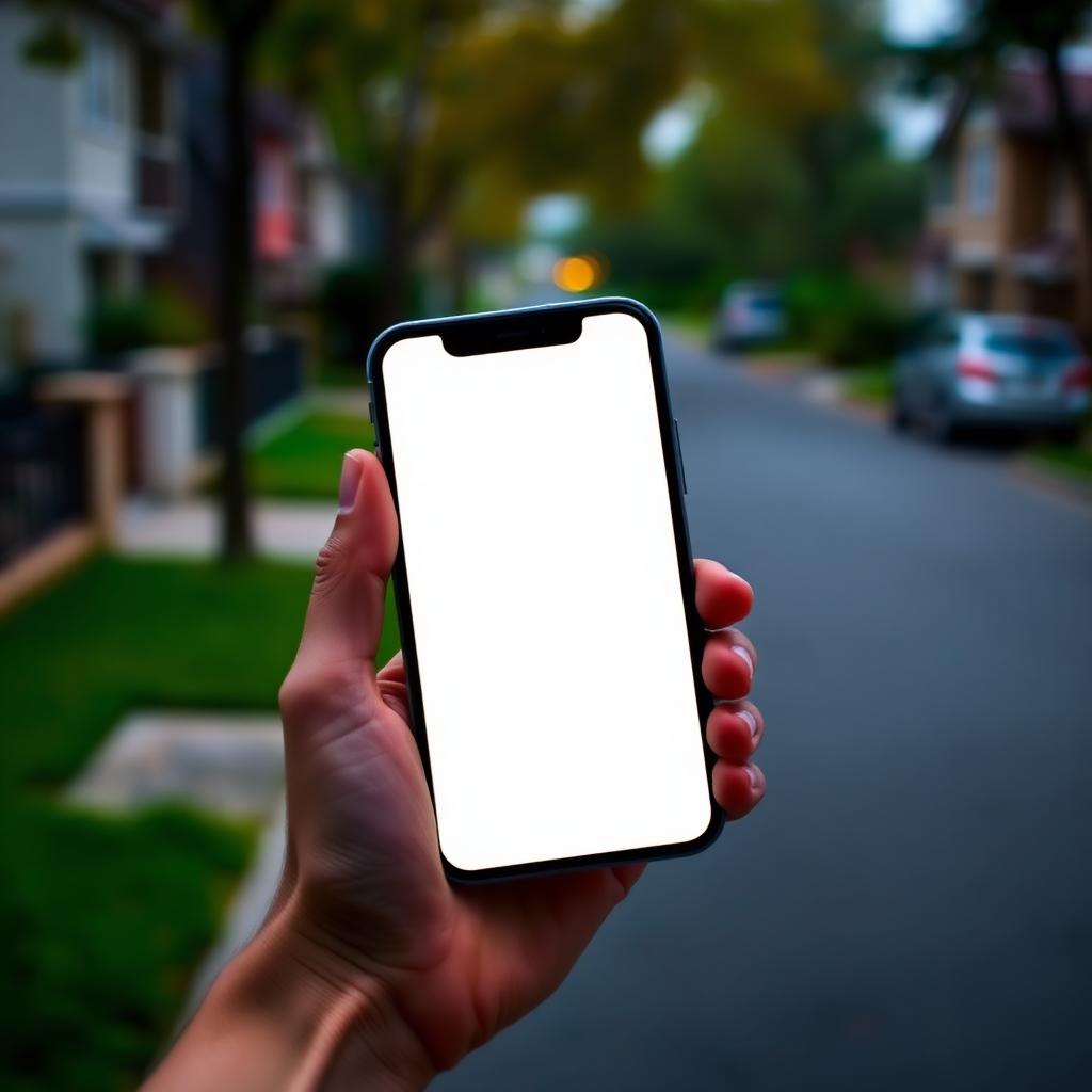 Hand holding a smartphone with a blank scheduling screen on a tree-lined residential street in Rockridge