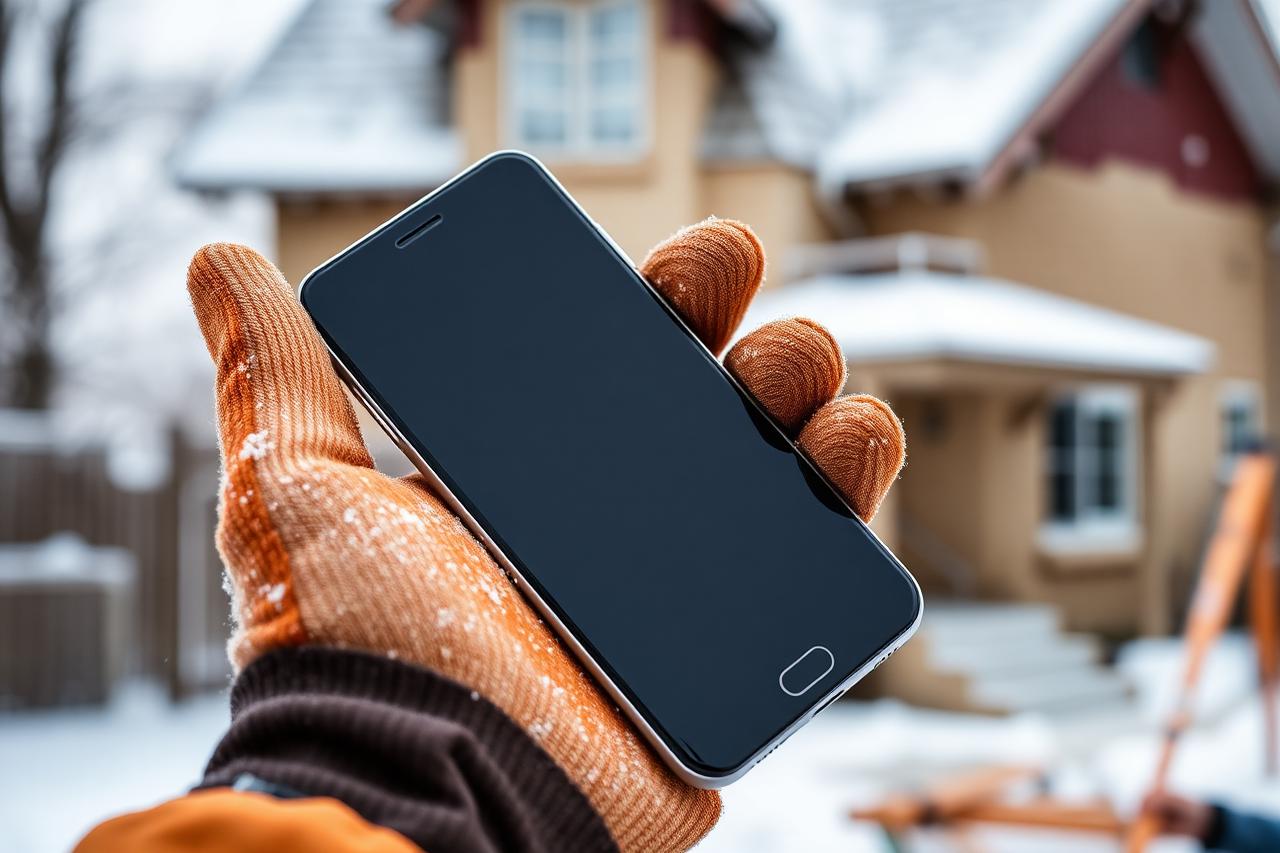 Gloved hand holding a smartphone with a blank emergency scheduling screen in a snowy Albany driveway