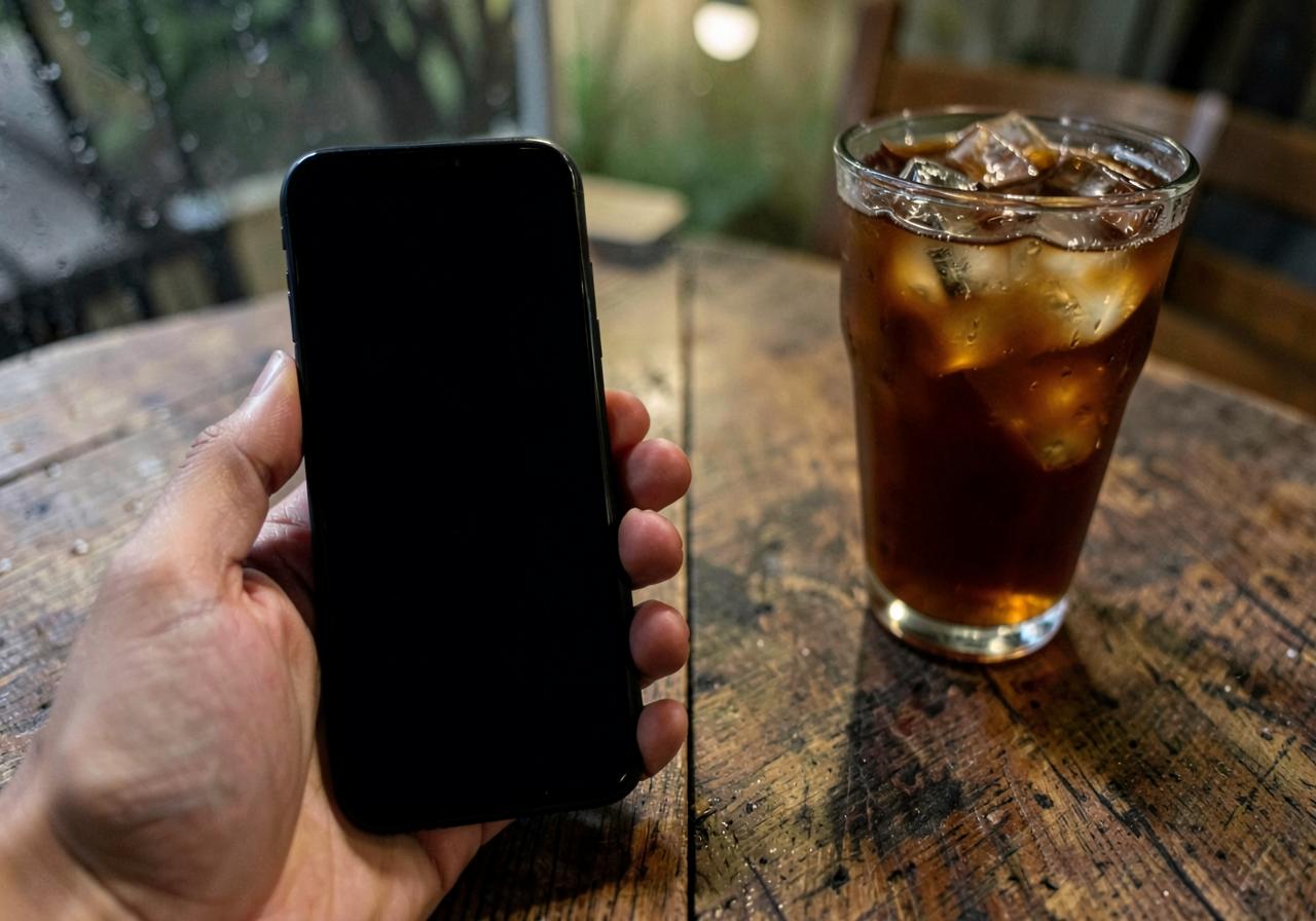 Hand holding a smartphone with a blank dark screen on a wooden table beside a glass of iced tea