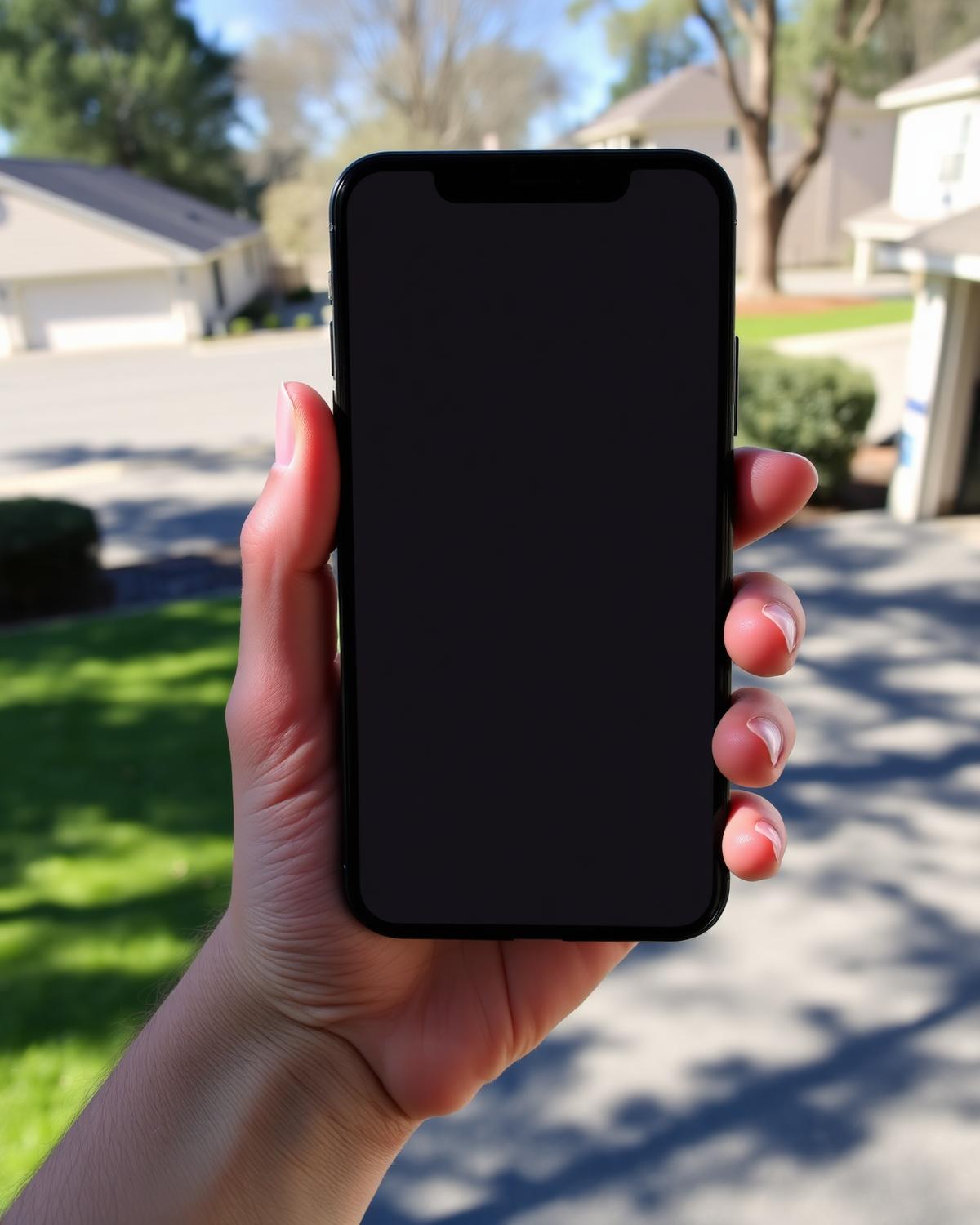 Homeowner holding a smartphone with a blank screen in a Houston, Texas suburban driveway