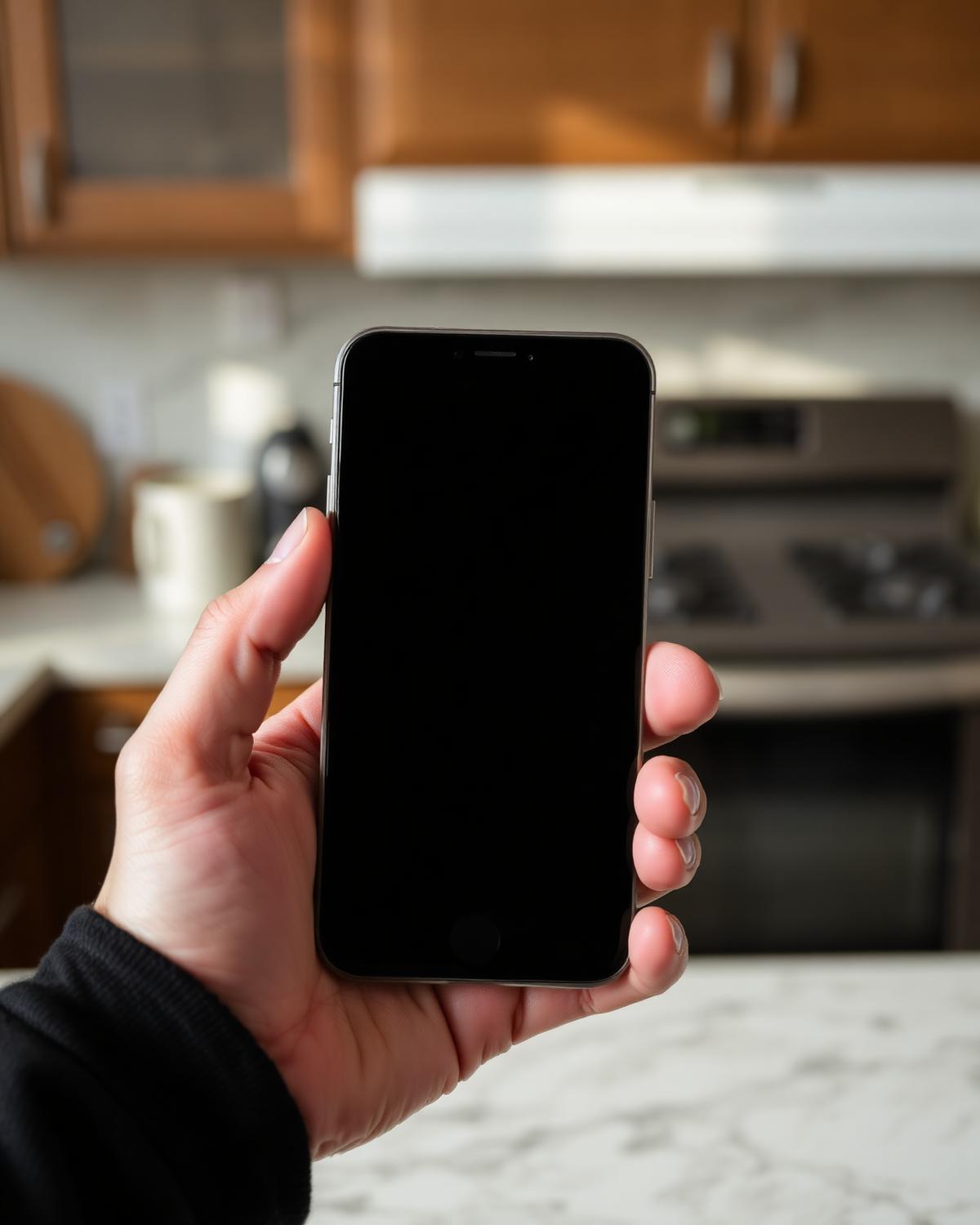 Hand holding a smartphone with a blank screen in a kitchen, as an Austin homeowner looks for a contractor