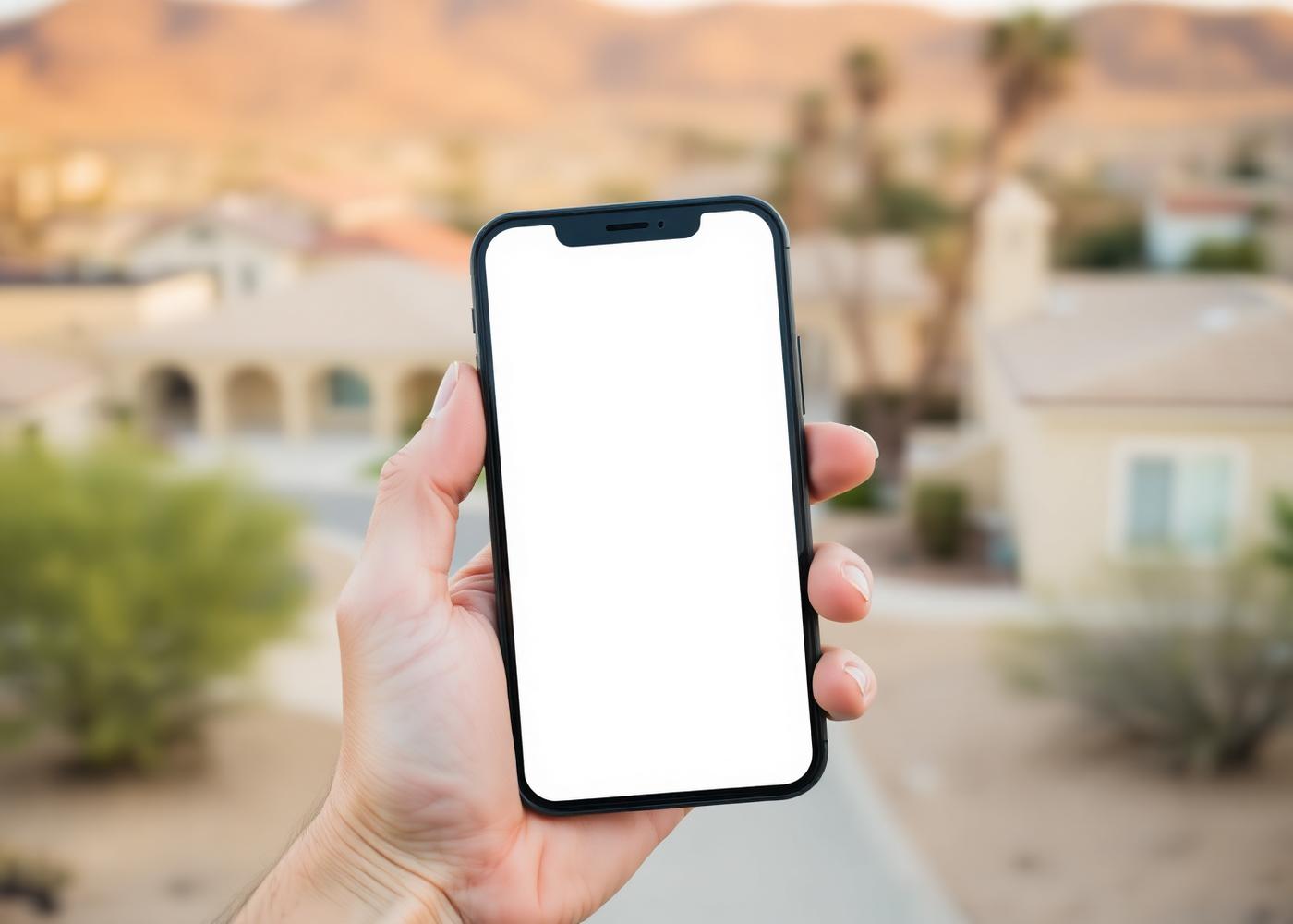Hand holding a smartphone with a blank screen beside a parked truck in a Socorro subdivision