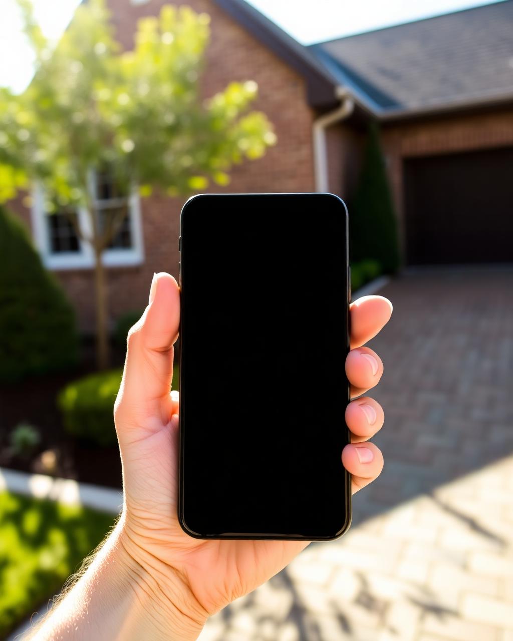 Hand holding a smartphone with a blank screen on a hot driveway in a McKinney subdivision