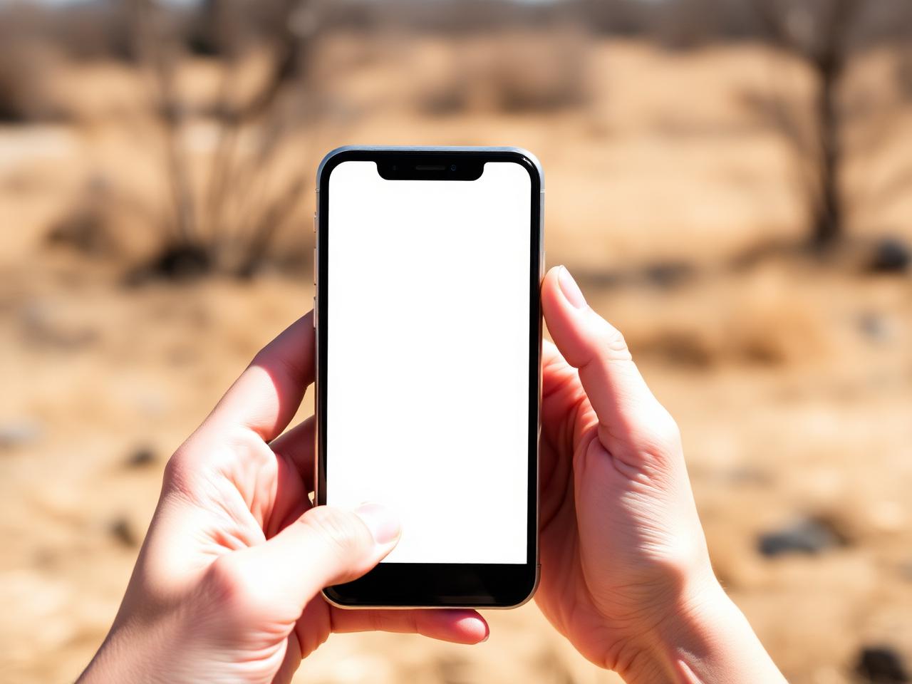 Hand holding a smartphone with a blank screen beside a truck near a cotton field outside Lubbock