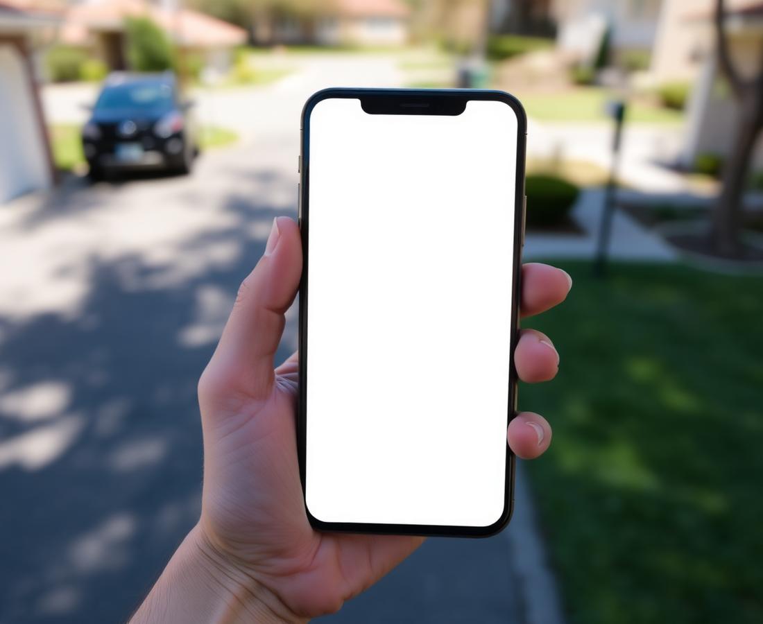 Hand holding a smartphone with a blank screen in a driveway near Folsom during a summer heat wave