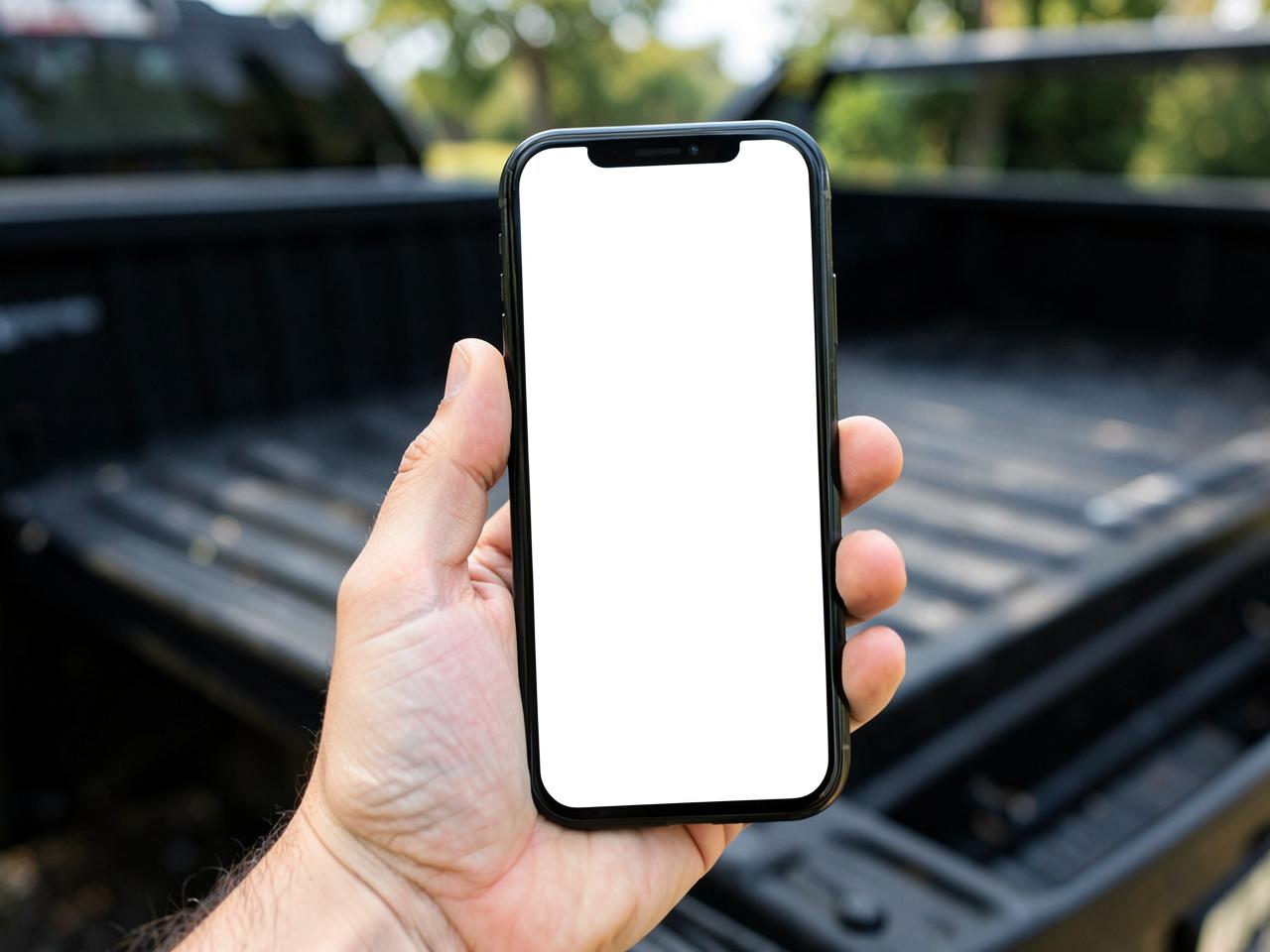 Hand holding a smartphone with a blank white screen outdoors beside the open bed of a pickup truck