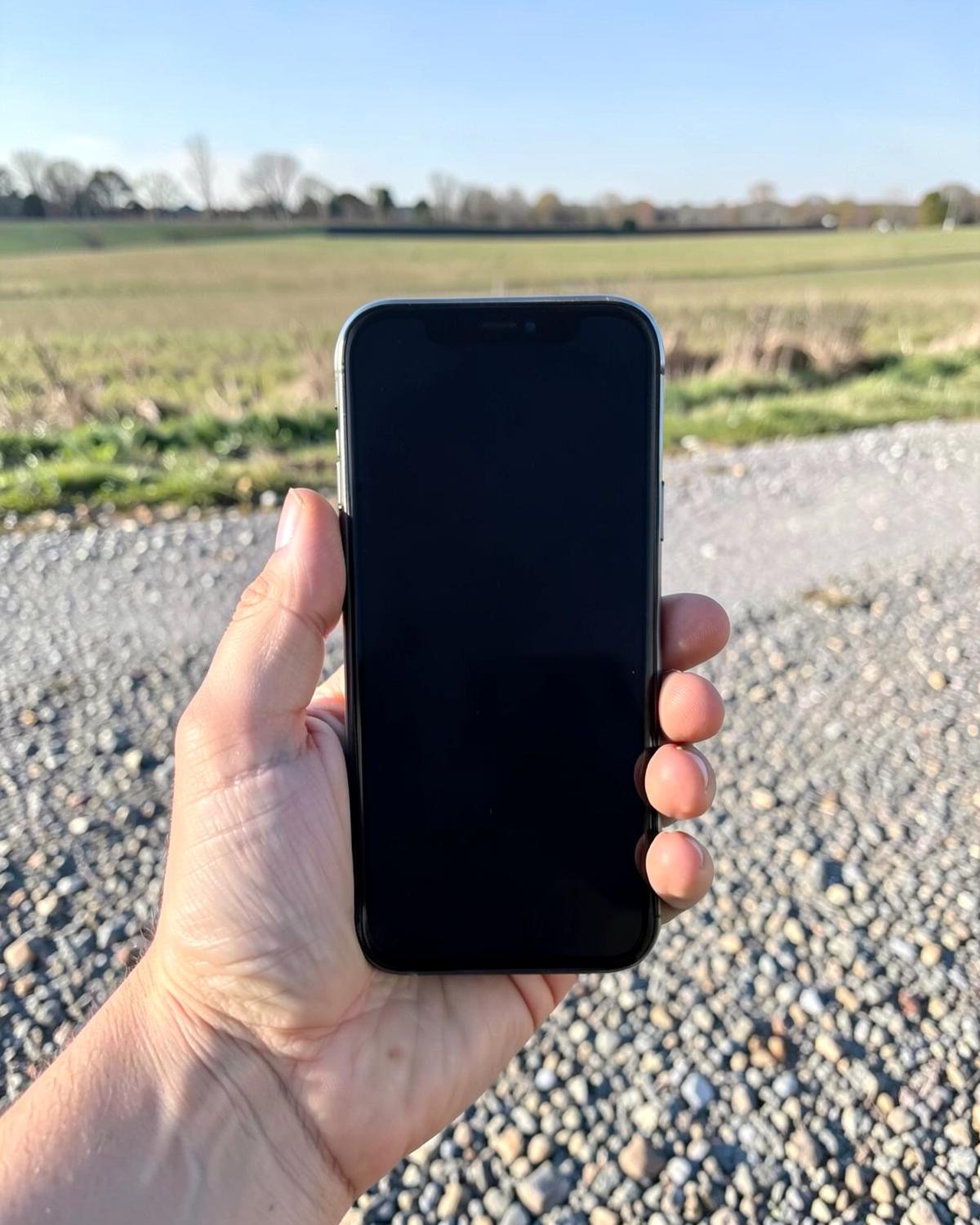 Hand holding a phone with a blank dark screen on a gravel driveway with farmland behind