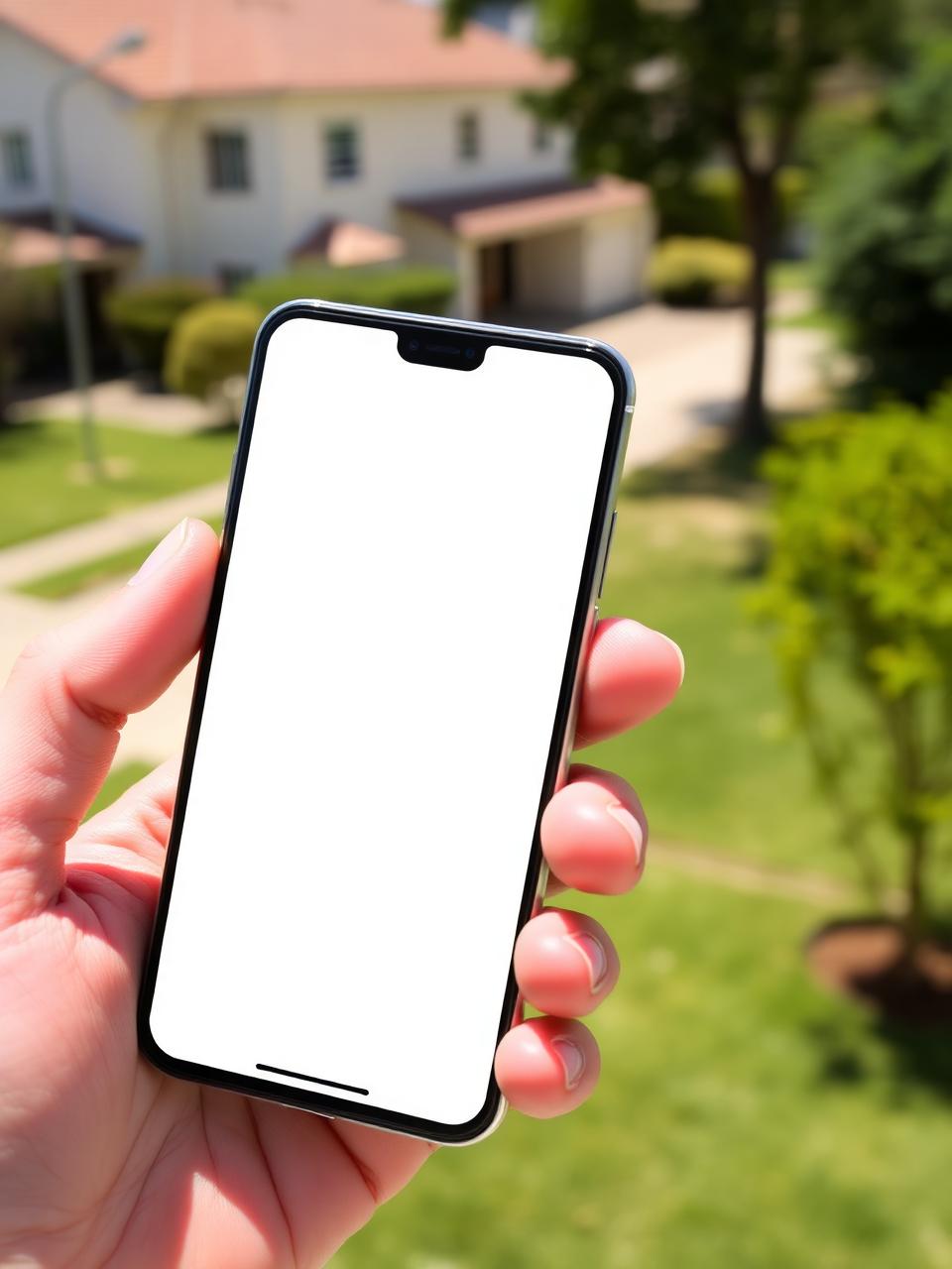 Hand holding a smartphone with a blank screen outdoors in front of a San Antonio, Texas home