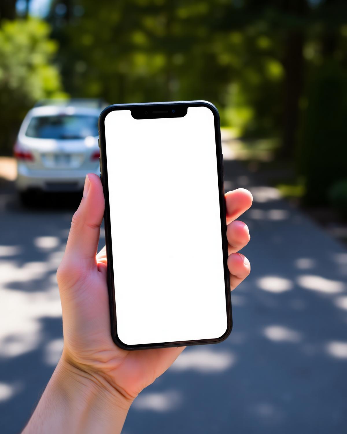 Hand holding a smartphone with a blank screen on a Silver Lake hillside street in Los Angeles