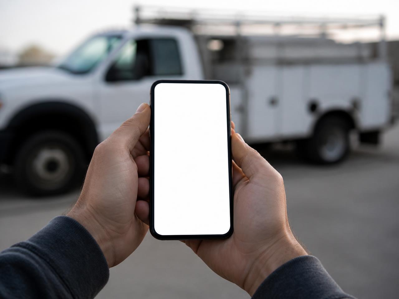 Hand holding a smartphone with a blank scheduling screen in a Pittsburgh basement