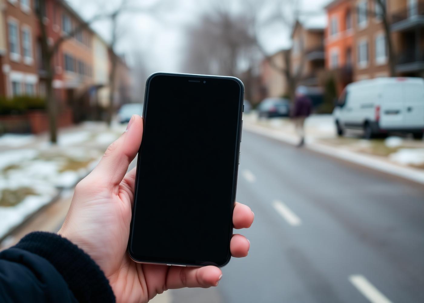 Hand holding a smartphone with a blank scheduling screen on a steep Yonkers driveway during a cold snap