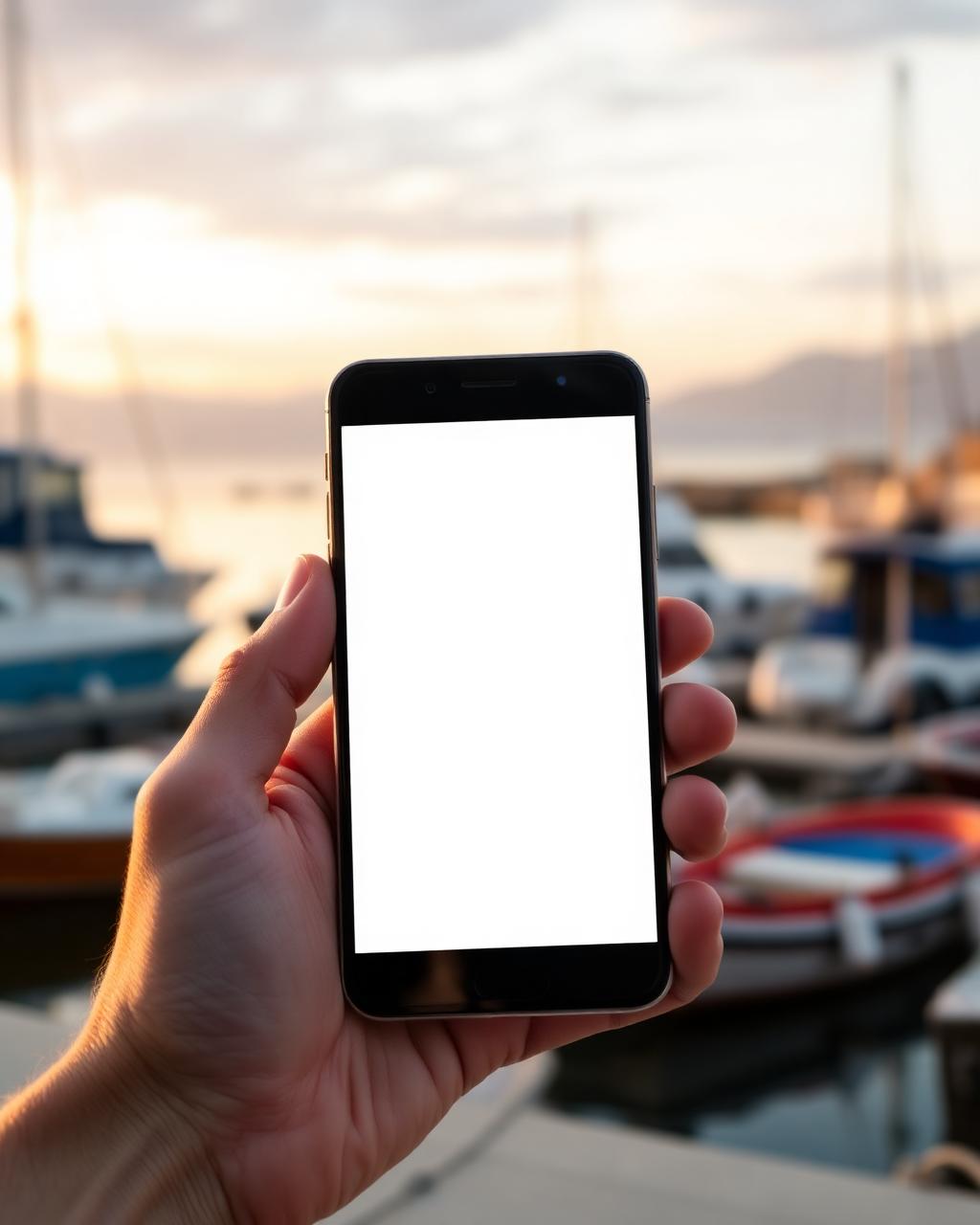 Hand holding a smartphone with a blank screen on a truck tailgate near Corpus Christi Bay
