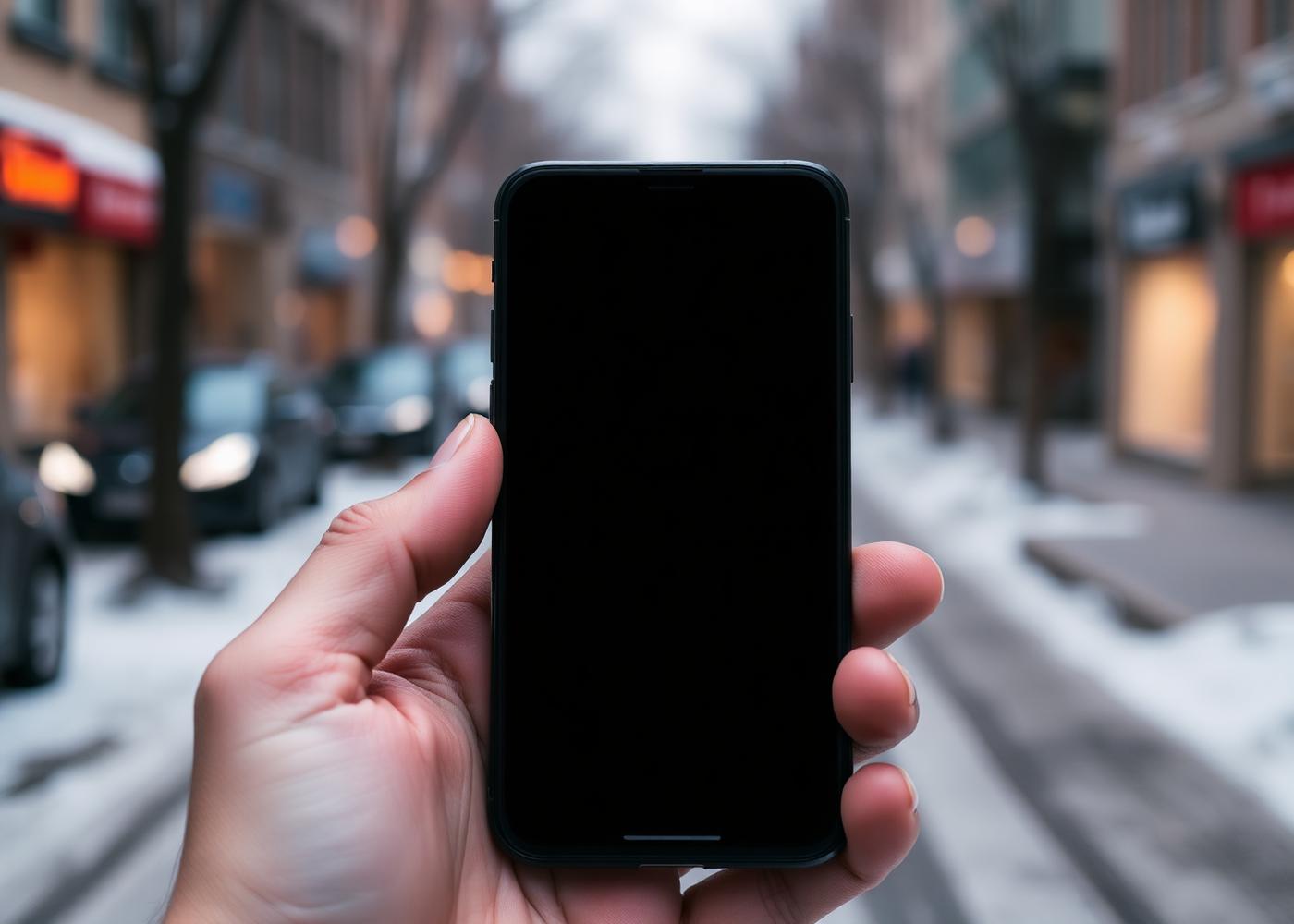 Hand holding a smartphone with a blank scheduling screen during a Lake Ontario snow squall in Rochester
