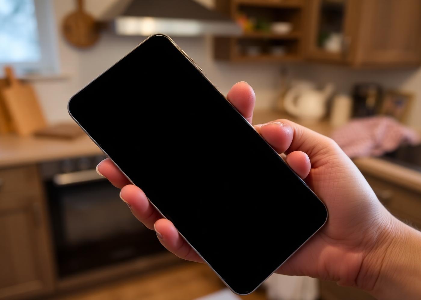 Hand holding a smartphone with a blank scheduling screen during a lake-effect snow squall near Syracuse