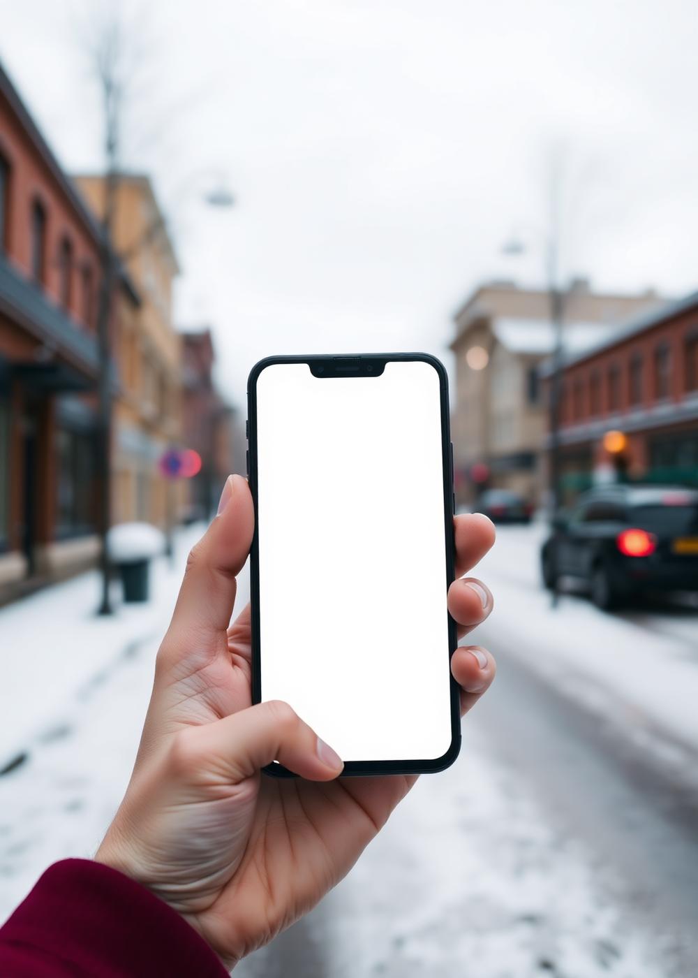 Hand holding a smartphone with a blank scheduling screen inside a cold West Bayfront Erie kitchen