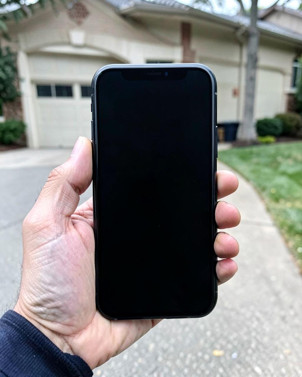 Work-worn hand holding a smartphone with a completely blank screen in front of a residential driveway