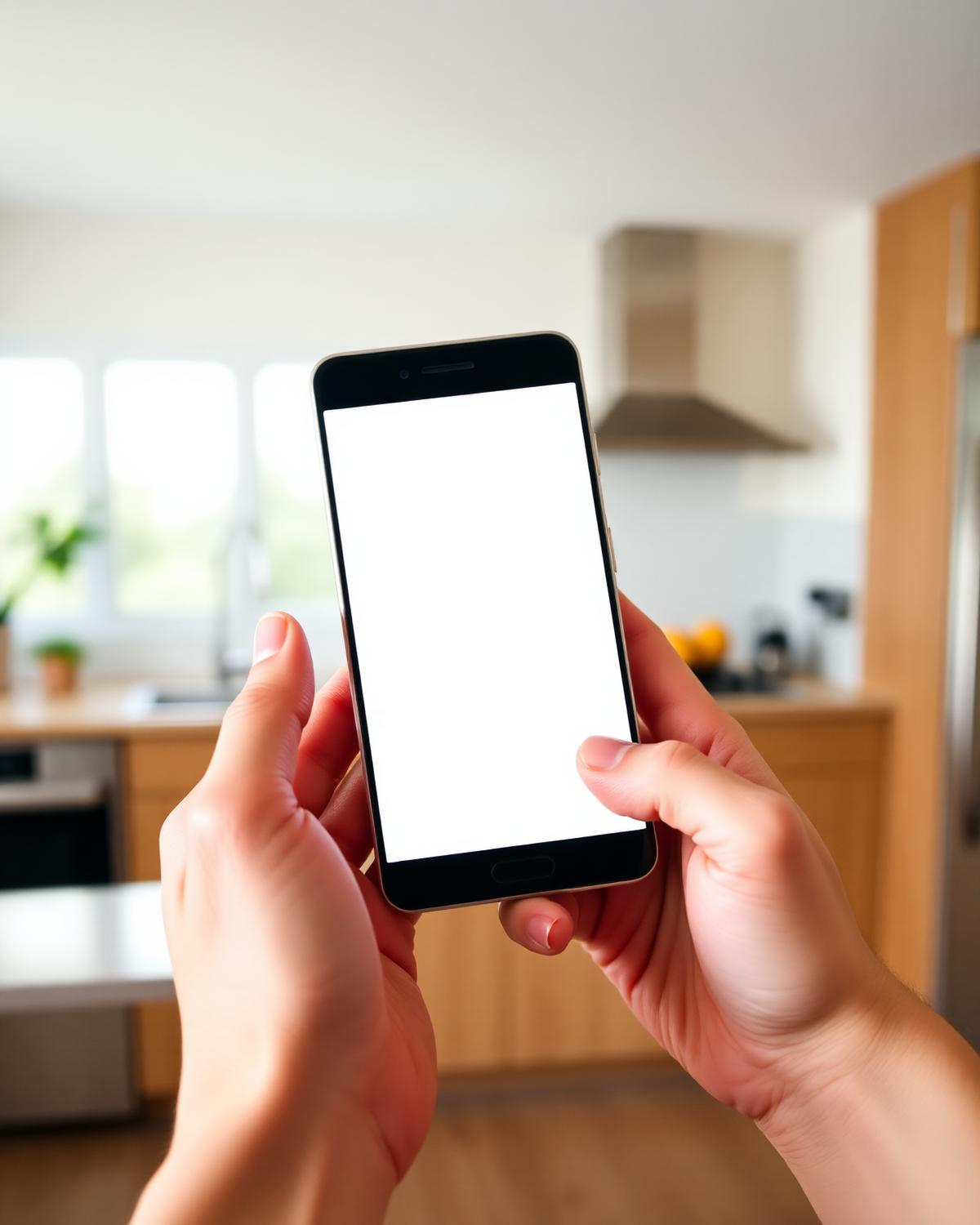 Hands holding a smartphone with a blank screen in a bright Fort Lauderdale kitchen