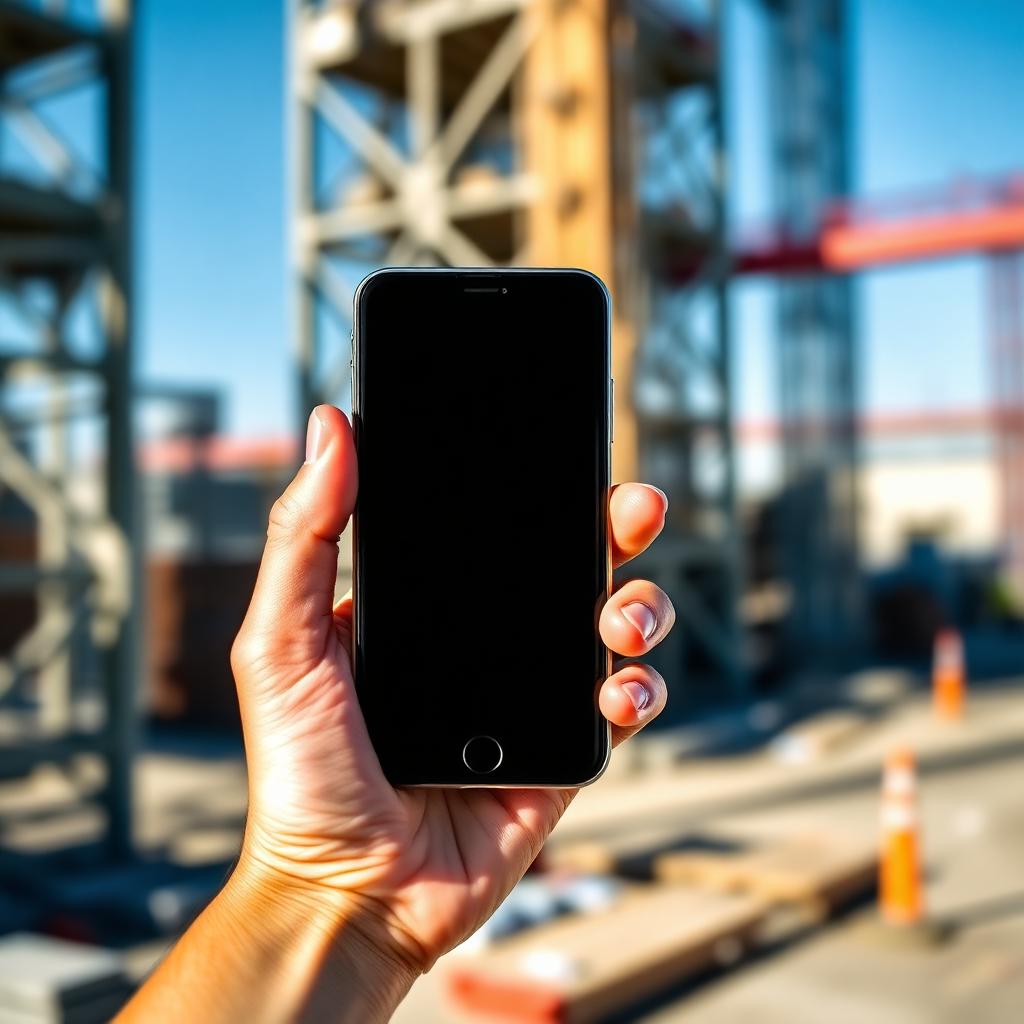 Hand holding a smartphone with a blank contractor scheduling screen on a driveway in a West Anaheim tract neighborhood