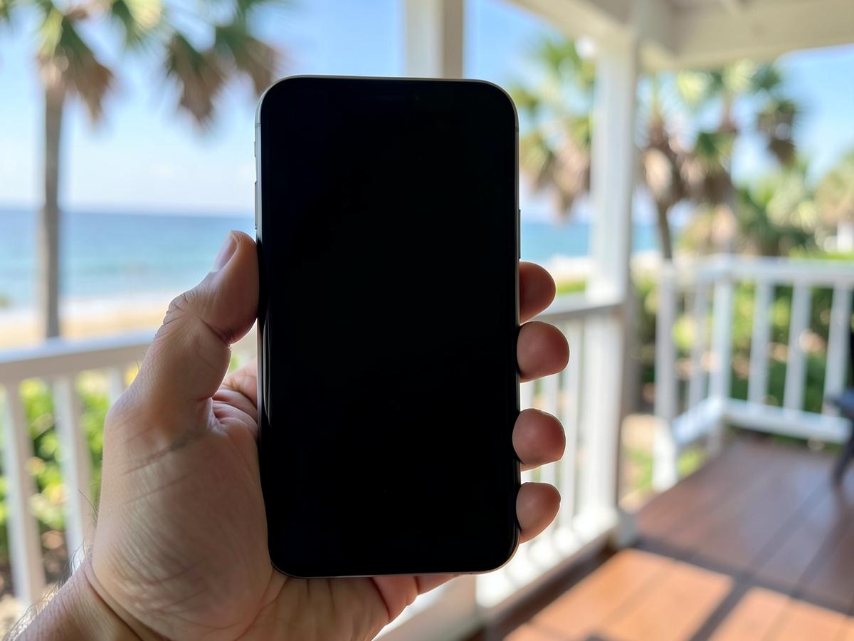 Hand holding a smartphone with a blank dark screen on a coastal porch with palmettos out of focus behind it