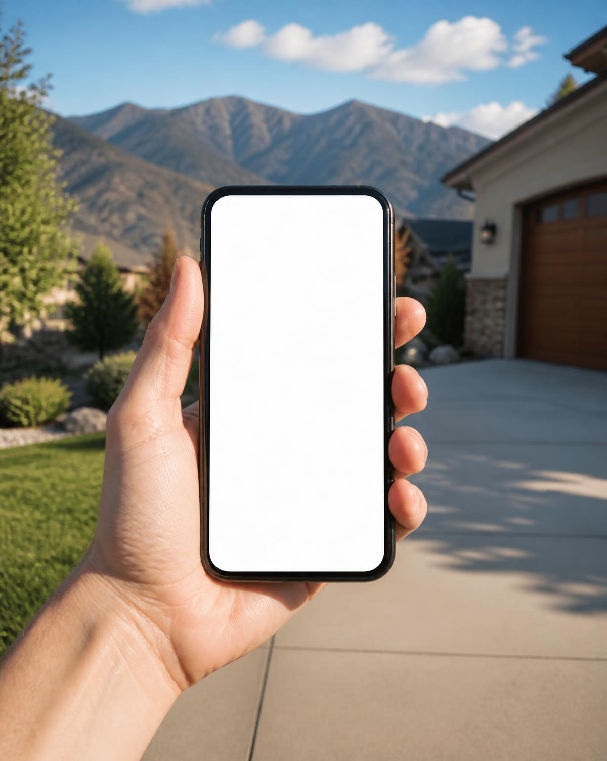Hand holding a smartphone with a blank screen while standing on a concrete driveway with mountains behind
