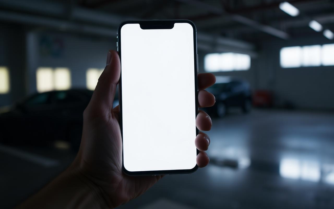 Hand holding a smartphone with a blank bright screen in a dim garage interior