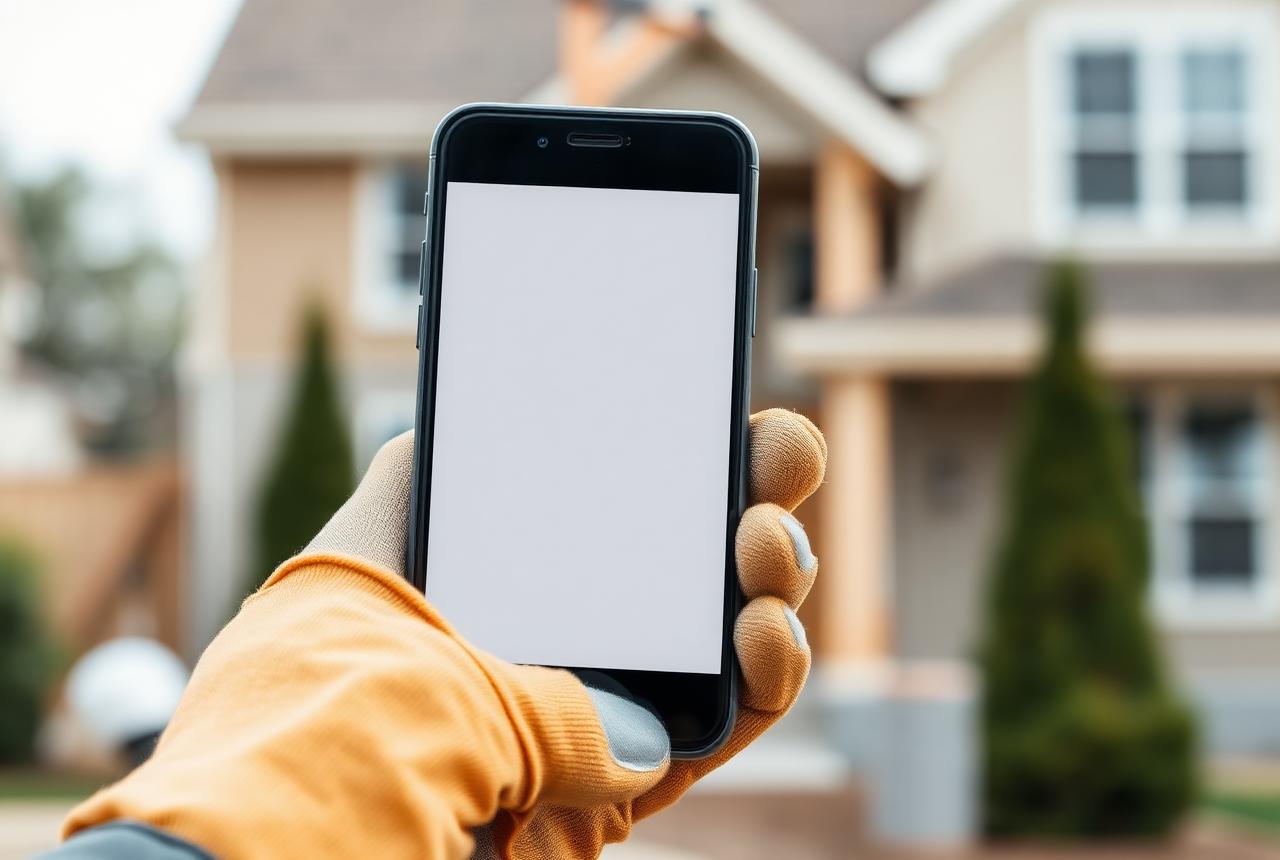 Work-gloved hand holding a smartphone with a blank screen in front of a blurred residential jobsite