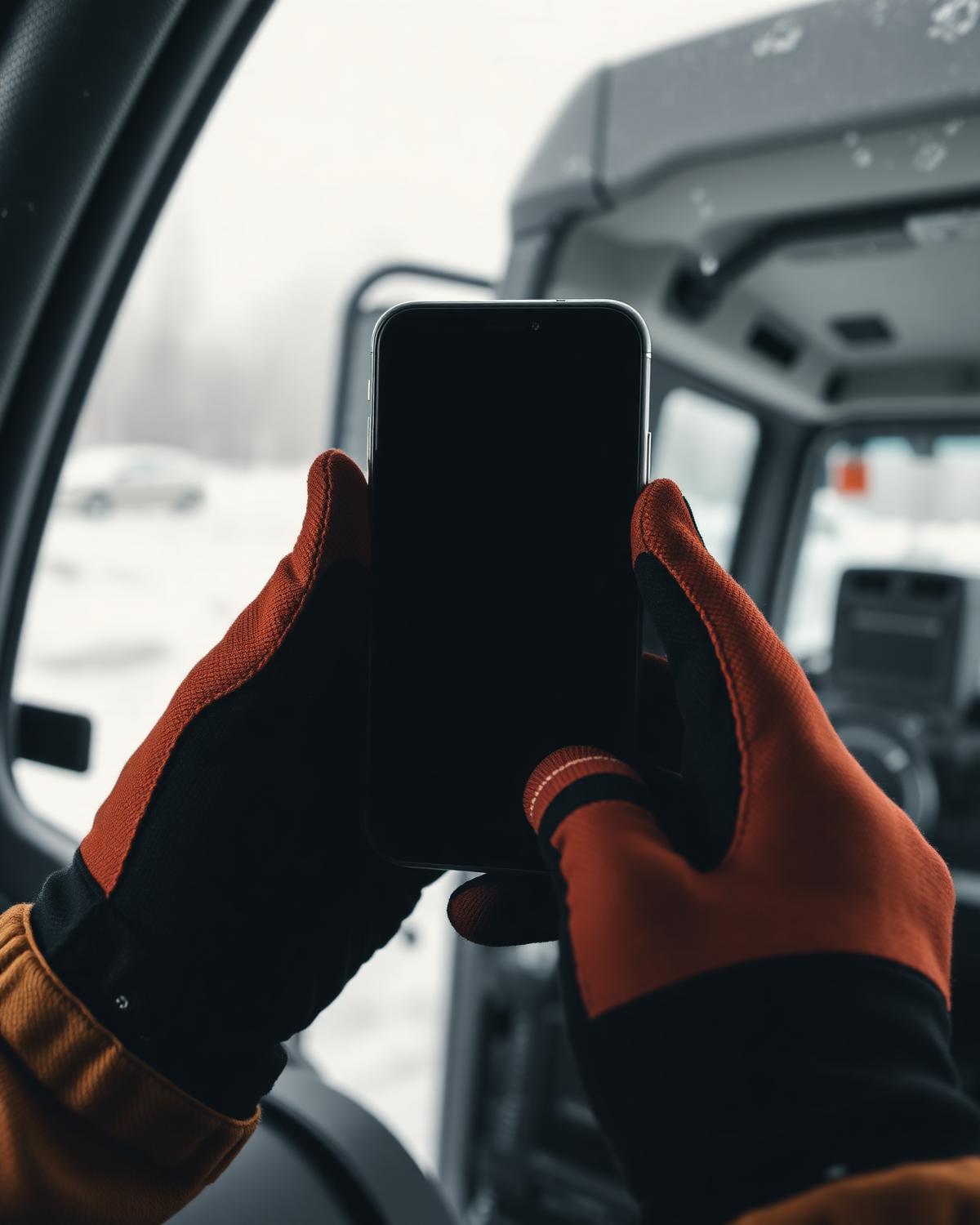 Hand holding a phone checking a contractor quote inside a work truck parked on an Ogden street